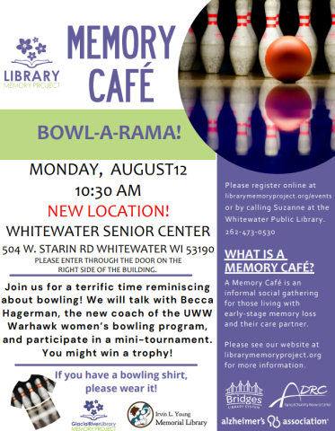 Poster describing memory cafe with a picture of bowling pins and ball