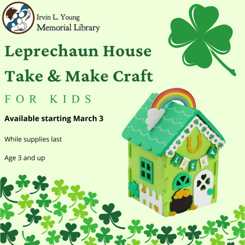 green background image of four leaf clover and leprechaun house 