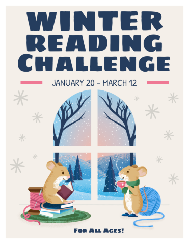 mice reading books next to a window looking out at a winter scene